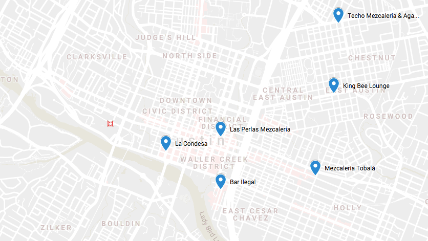 The Mezcal Reviews map of mezcal bars in Austin, Texas