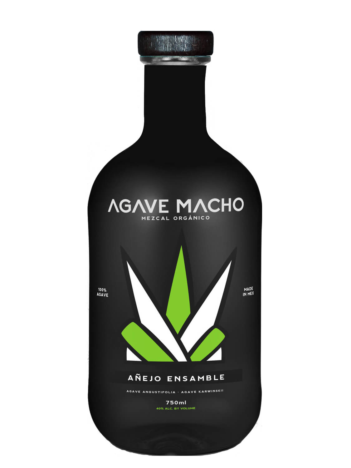 A bottle of Agave Macho Espadin-Cuishe ensamble añejo mezcal