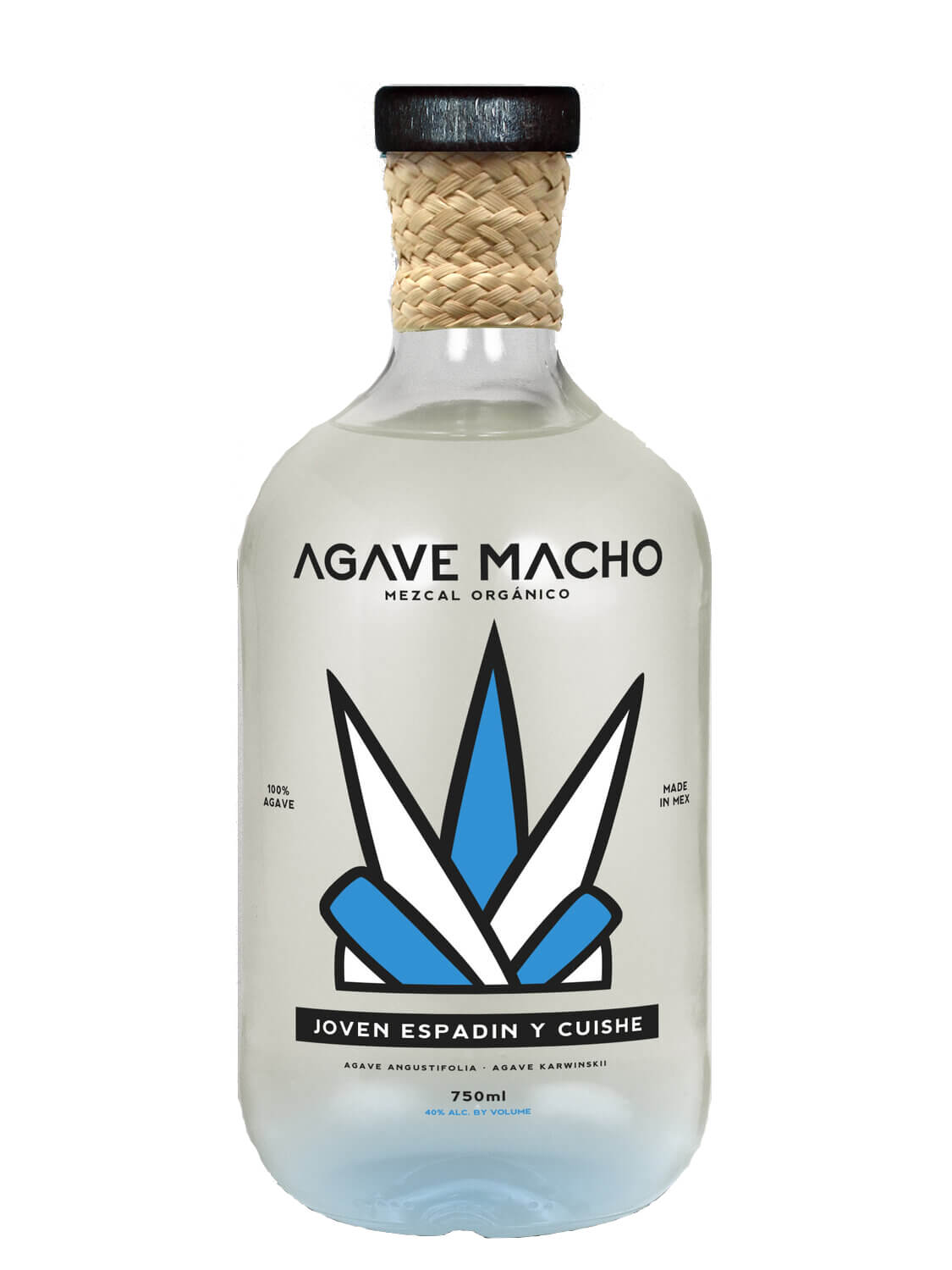 A bottle of Agave Macho Espadin-Cuishe ensamble joven mezcal
