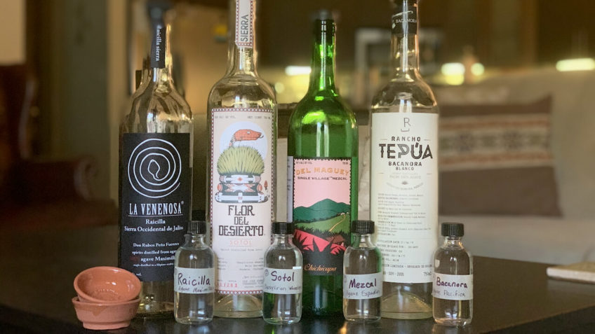 Four bottles of different types of spirits from Mexico