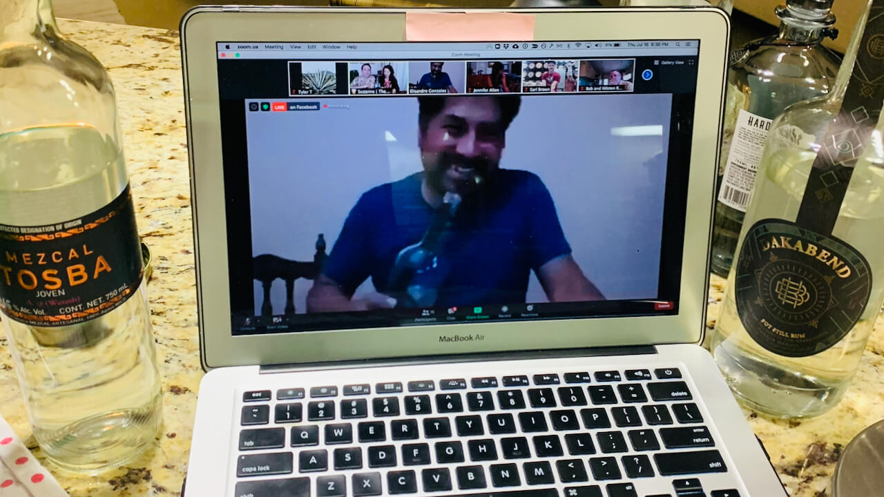 A laptop during a virtual tasting with Elisandro from Mezcal Tosba