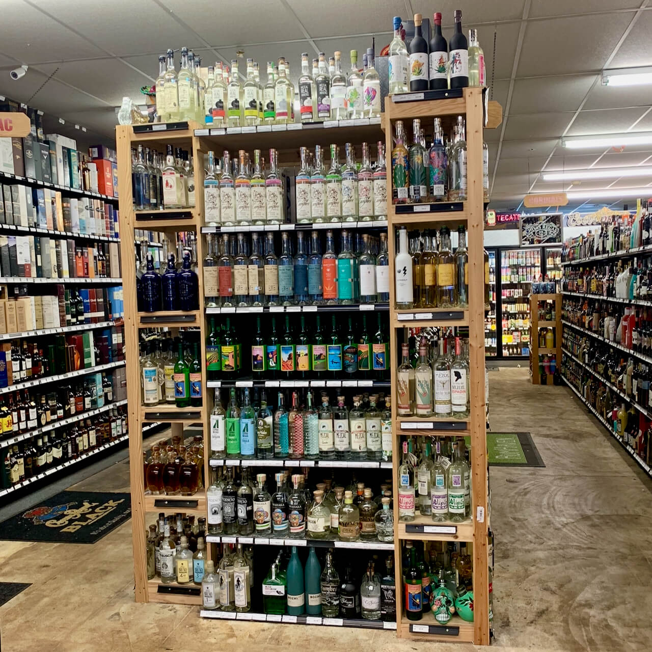 Mezcal shelf at Alamo City Liquors on Thousand Oaks in San Antonio