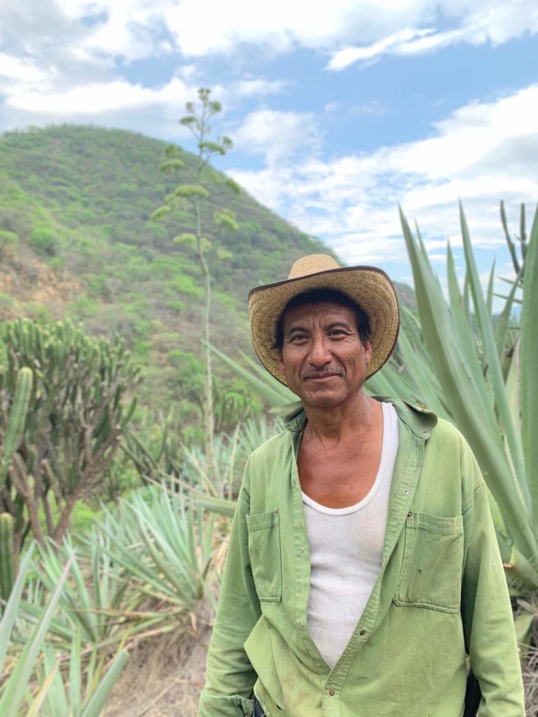 Valente Velasco standing in front of agaves growing in the hills