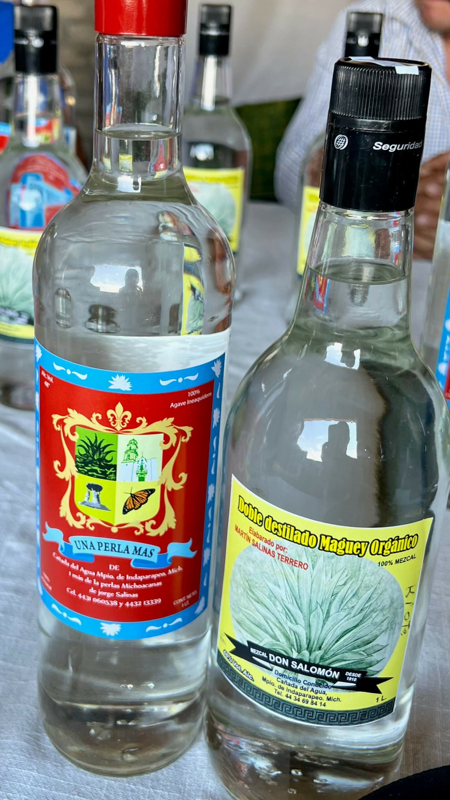 Two bottles of mezcal from the Salinas brothers in Michoacan, Mexico